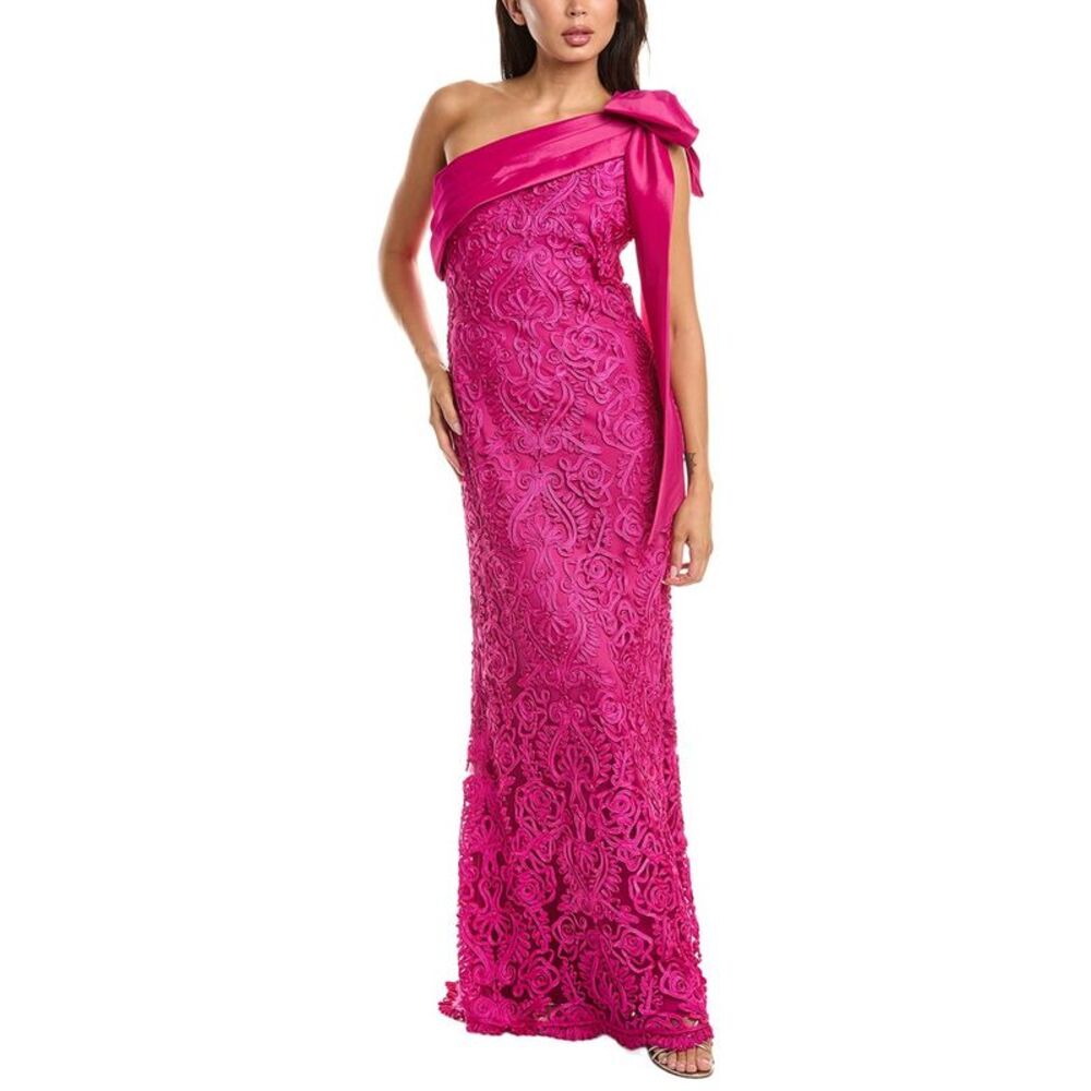 Tadashi Shoji Womens Lorne Embroidered Bow Shoulder Gown, Pink
